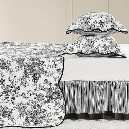 Wonderful 100% Cotton Black Floral Quilt Set Queen Size Bedding Sets with Pillow Shams and Bed Skirt, 4 Pieces Floral Bedspread Coverlet Set, Quilted Blanket Bed Cover for All Season, 88"x90"