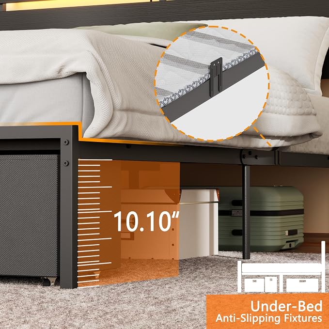 Forestell Queen Bed Frame with Wood Headboard,2 Storage Drawers & Shelf | Built-in Charging Station & LED Lights, Metal Support, No Box Spring Needed, noise-free, easy assembly, Smart RGB, USB+Type-C