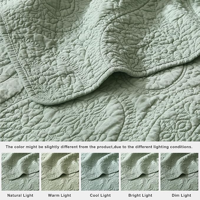 palassio Sage Green Paisley 100% Cotton Quilt California Cal King Size Bedding Sets with 2 Pillow Shams, Oversized Boho Farmhouse Vintage Soft Bedspread Shabby Chic Coverlet for All Season, 3 Pieces