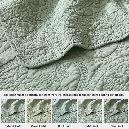 palassio Sage Green Paisley 100% Cotton Quilt California Cal King Size Bedding Sets with 2 Pillow Shams, Oversized Boho Farmhouse Vintage Soft Bedspread Shabby Chic Coverlet for All Season, 3 Pieces