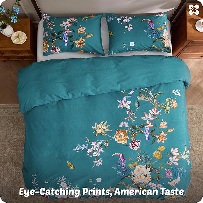 Bedsure Floral Duvet Cover Queen Size - 100% Cotton Reversible Vintage Teal Bird Duvet Cover Set, 3 Pieces Soft & Breathable PureWoven Bedding Set with 2 Pillow Shams (Chinoiserie Teal 90"x90")