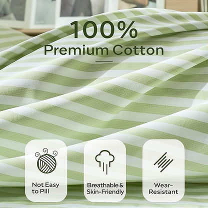 JELLYMONI Striped Duvet Cover Set - Twin Size Comforter Cover, Classic Sage Green & White Stripes, 100% Cotton 2 Pcs Bedding with Zipper Closure & 8 Corner Ties for Kids or Guest Bedroom