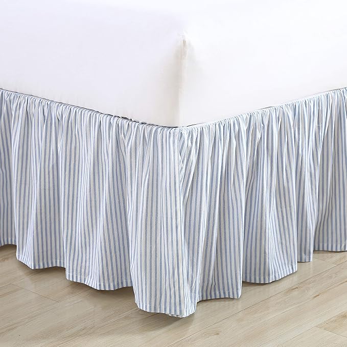 Laura Ashley - Twin Size Bedskirt, Soft Cotton Ruffled Bedding for Year Round Use, Striped Bedding with 14.5" Drop (Ticking Stripe Blue)