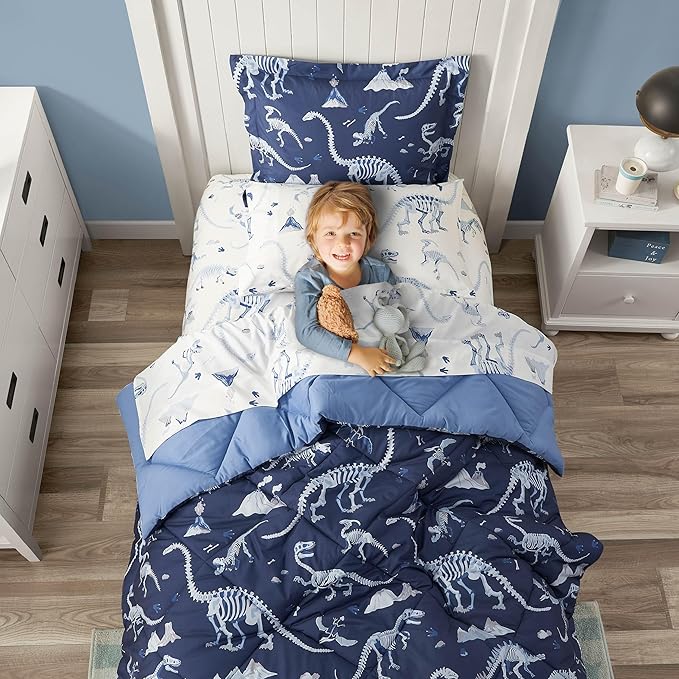Blue Dinosaur Twin Comforter Set for Boys, 5 Pieces Kids Bedroom Bedding with Sheets and Pillowcase, Super Soft Lightweight for All Season, Machine Washable