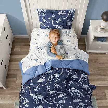 Blue Dinosaur Twin Comforter Set for Boys, 5 Pieces Kids Bedroom Bedding with Sheets and Pillowcase, Super Soft Lightweight for All Season, Machine Washable