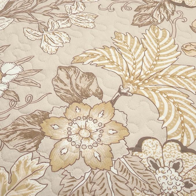Lush Decor Sydney Reversible Cotton Quilt Neutral, 3 Piece Set, Full/Queen, Neutral - Cotton Bedding Set - Beige Floral Quilt - Cottage Decor - Bedding Queen Size