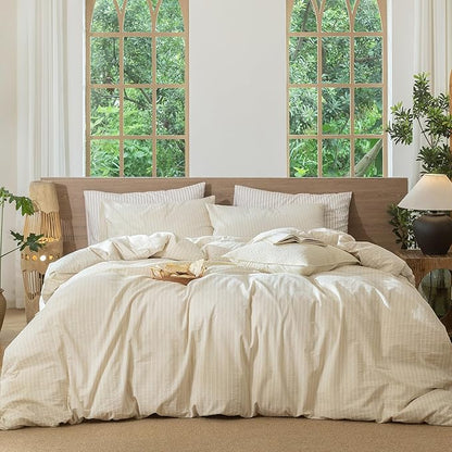 MooMee Striped Duvet Cover Set 100% Washed Cotton Linen Like Textured Breathable Durable Soft Comfy (Almond Milk Grey White Wide Stripes, Palatial King/Oversized King 120"x98")