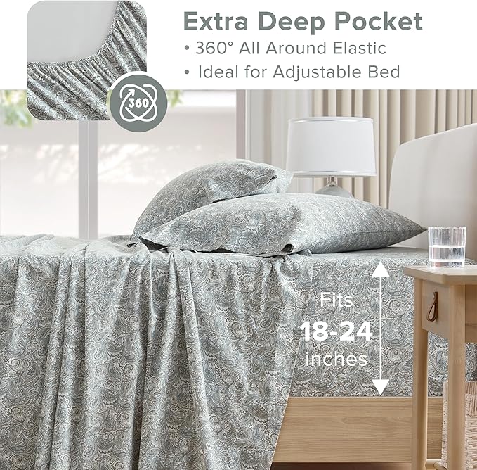 Comfort Spaces Extra Deep Pocket, 100% Cotton King Fits up to 24" Mattress, Breathable, Naturally Cool Cotton, Soft Cotton Sheets, All Seasons Sheet Set, Paisley 4 Piece