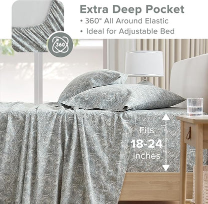 Comfort Spaces Extra Deep Pocket, 100% Cotton King Fits up to 24" Mattress, Breathable, Naturally Cool Cotton, Soft Cotton Sheets, All Seasons Sheet Set, Paisley 4 Piece