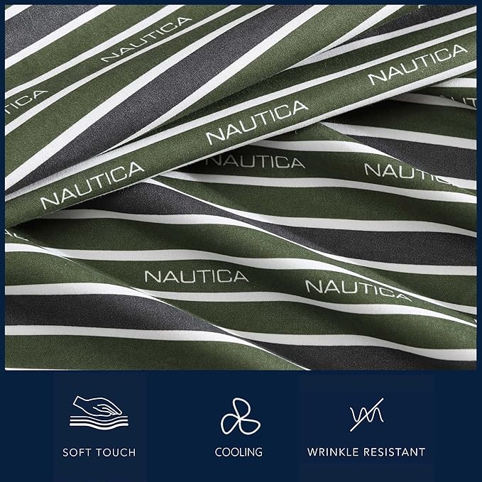Nautica - Full Sheet Set, Breathable & Cooling Microfiber Bedding with Matching Sham(s), Casual Home Decor (Varadero Typeface Green, Full)