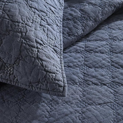 HORIMOTE HOME 55% Linen Front/100% Cotton Back Quilt Set Queen Size, Steel Blue Pre-Washed Cotton Linen Quilt Set, Geometric Stitched Pattern Bedspread Coverlet Bedding Set 3-Piece for All Seasons