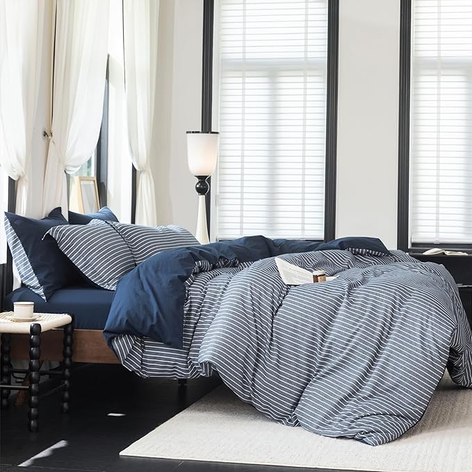 Reversible Duvet Cover Set 100% Washed Cotton Blue Stripe Linen Feel Duvet Cover Oversized Queen Size with Zipper Closure & 2 Pillow Shams,Navy/White Stripe Reverse Solid Navy