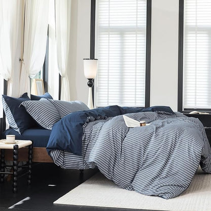Reversible Duvet Cover Set 100% Washed Cotton Blue Stripe Linen Feel Duvet Cover Oversized Queen Size with Zipper Closure & 2 Pillow Shams,Navy/White Stripe Reverse Solid Navy