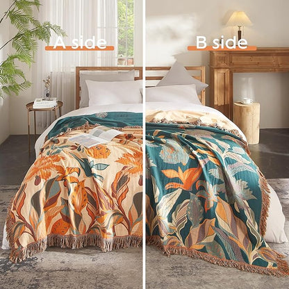 Boho Throw Blanket for Bed 90”x108”, 100% Cotton Woven Blanket for Couch Sofa, Ultra Soft 4-Layer Muslin Quilt with Floral Printed, Farmhouse Bed Blanket/Cover for Living Room Decor