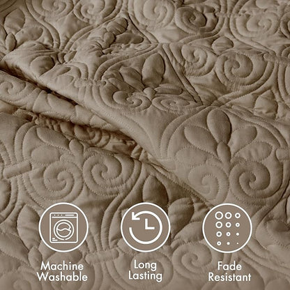 Madison Park Quebec Split Corner Quilted Bedspread Classic Traditional Design All Season, Lightweight, Bedding Set, Matching Shams, King, Damask Quilted Khaki 3 Piece