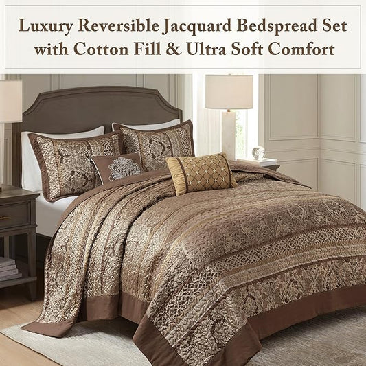 Madison Park Bellagio Reversible Quilted Bedspread Set, Solid Reverse Summer Breathable, Lightweight All Season Bedding Layer, Matching Shams, Bedspread King(120"x118"), Brown 5 Piece