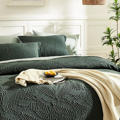 Geniospin Full Size Comforter Set - 7 Pieces Dark Green Bedding Set, Botanical Textured Comforter Bed Set, All Season Lightweight Bed in a Bag with Comforter, Sheets, Pillowcases & Shams