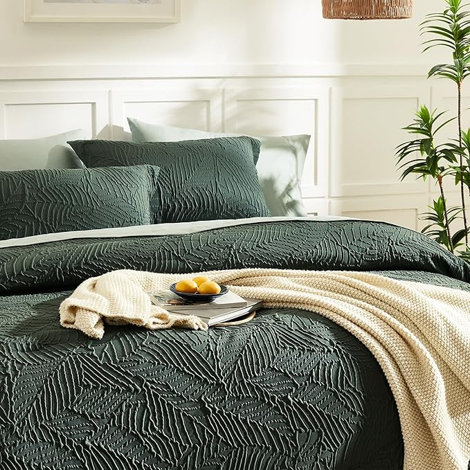 Geniospin King Size Comforter Set - 7 Pieces Dark Green Bedding Set, Botanical Textured Comforter Bed Set, All Season Lightweight Bed in a Bag with Comforter, Sheets, Pillowcases & Shams
