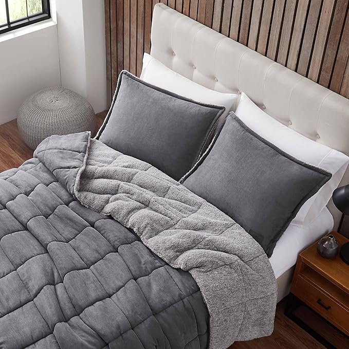 Eddie Bauer - Queen Comforter Set, Microsuede Bedding with Soft Sherpa Reverse, 3 Piece Bed Set with Matching Pillowcases (Sherwood Grey)