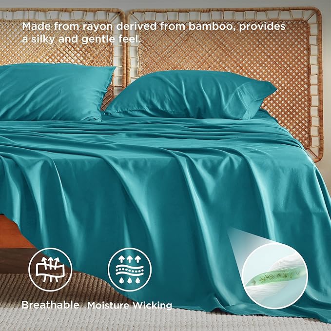 Bedsure California King Sheet Sets, Cooling Sheets, Rayon Derived from Bamboo, PureWoven, Breathable & Soft, Deep Pocket Up to 16 Inches, Hotel Luxury Silky Bedding for Hot Sleepers, Turquoise