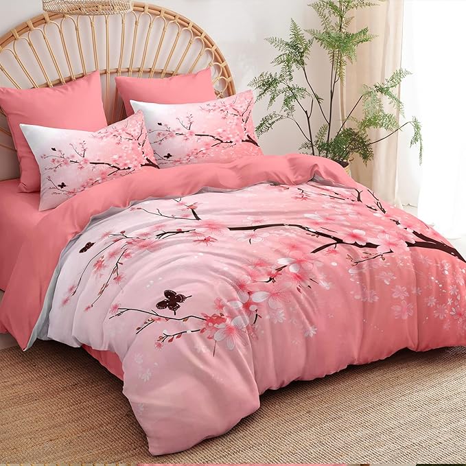 Cherry Blossom King Comforter Set Pink Floral Bedding Set for Women Girls Japanese Flower Decor Quilt Set - 3Pcs Soft Fluffy Microfiber with 2 Pillowcases(104 * 90)