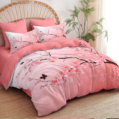 Pink Floral Comforter Set Full Size Cherry Blossom Bedding Set for Girls Boys Japanese Flower Decor Quilt Set - 3Pcs Soft Fluffy Microfiber with 2 Pillowcases(79 * 90)