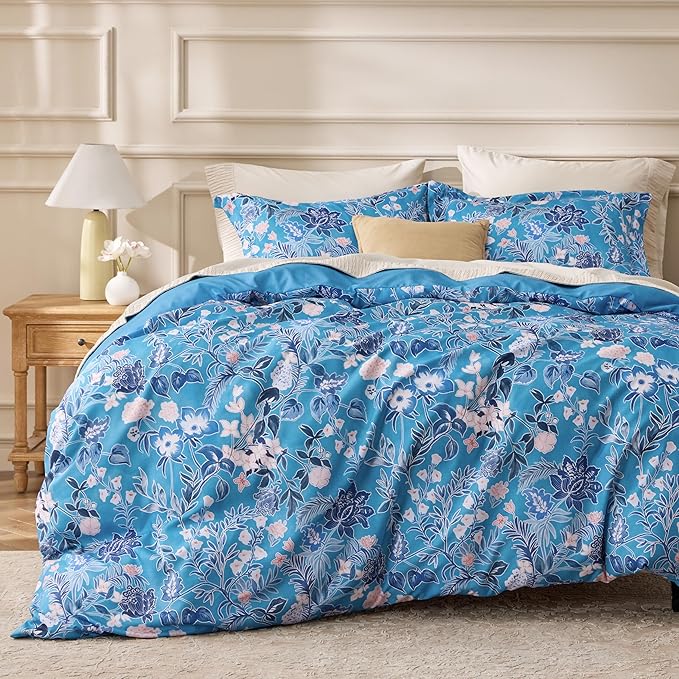 Bedsure Duvet Cover King Size - Reversible Blue Flowers Duvet Cover Set with Zipper Closure, 3 Pieces Bluejay Bedding Set with 8 Corner Ties and 2 Pillow Shams 20"x36"