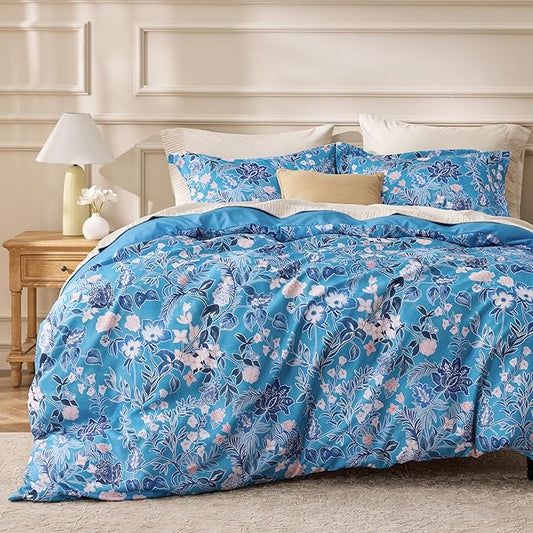 Bedsure Duvet Cover Queen Size - Reversible Blue Flowers Duvet Cover Set with Zipper Closure, 3 Pieces Bluejay Bedding Set with 8 Corner Ties and 2 Pillow Shams 20"x26"
