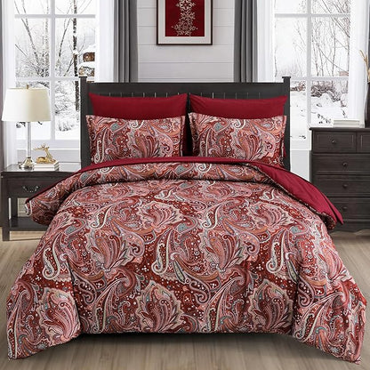 DJY Red Paisley Comforter Set Full Size 7 Piece Bed in a Bag Boho Paisley Pattern Comforter Set Soft Lightweight Microfiber Reversible Bedding Set for All Season (Full)