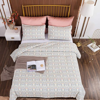 CLOTHKNOW Boho Aztec Queen Comforter Set Ivory Bedding Comforter Sets Geometric Bed Comforter with 2 x Pillow Cases