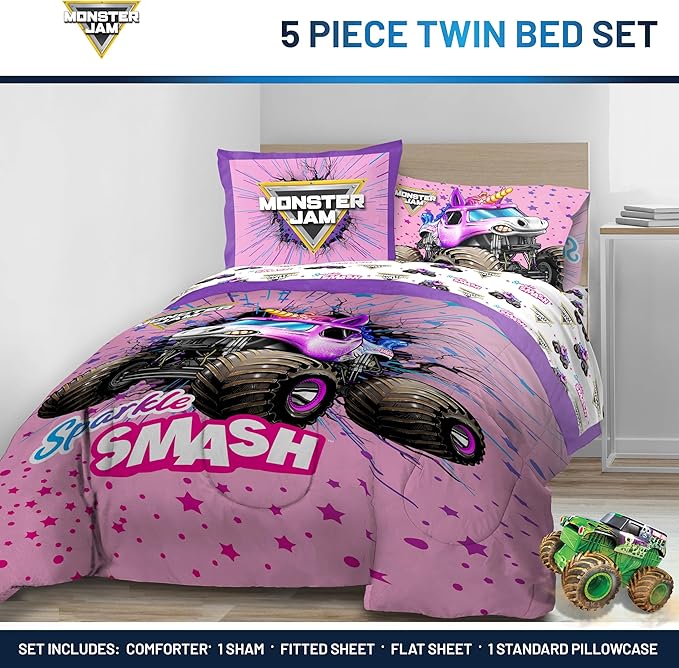 Jay Franco Kids Comforter Set Includes Sheets and Pillow Covers - Soft and Cozy Bed Set for Stylish Room Decor, Pink - Monster Jam, 5 Piece Twin Bedding