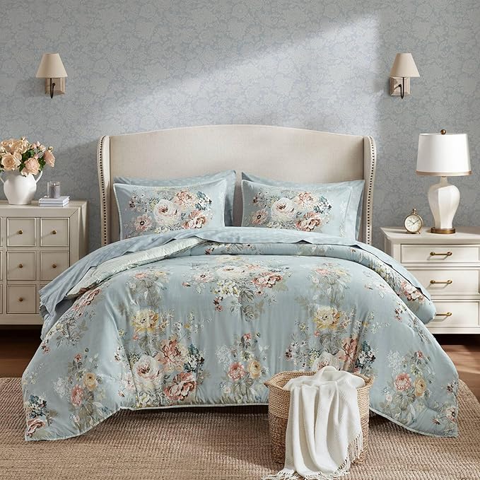 Madison Park Essentials Floral Comforter Set KING Size, Vintage Flower Bedding Set with Sheet Set, 7 Pieces Bed in a Bag with Reversible Botanical Comforter and Pillowcases & Shams, Heather, Soft Blue