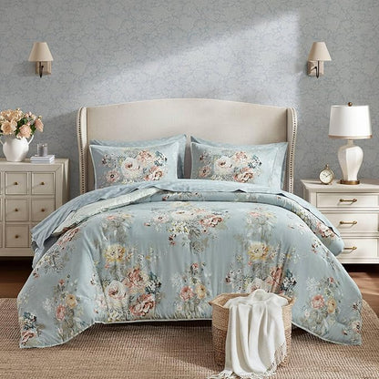 Madison Park Essentials Floral Comforter Set KING Size, Vintage Flower Bedding Set with Sheet Set, 7 Pieces Bed in a Bag with Reversible Botanical Comforter and Pillowcases & Shams, Heather, Soft Blue
