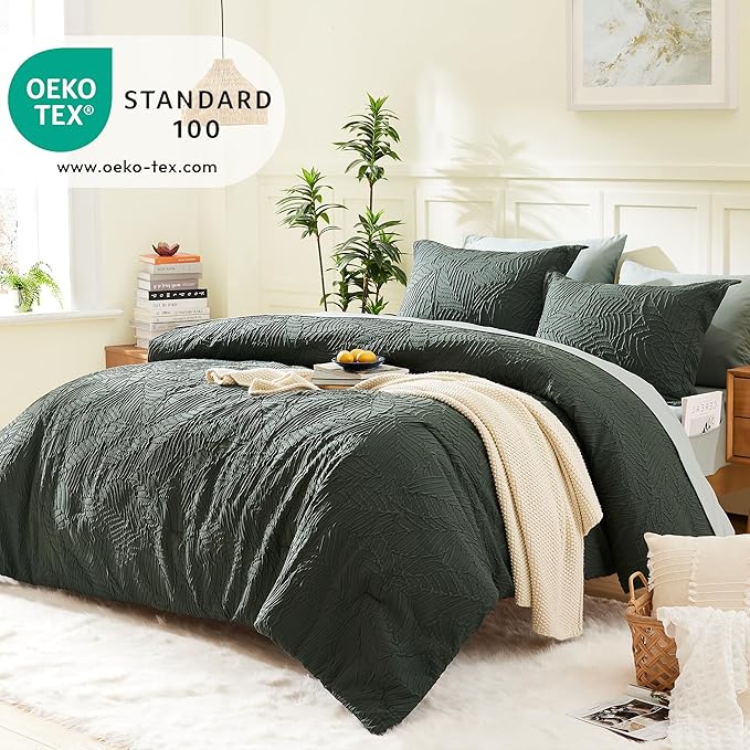 Geniospin Twin Comforter Set - 5 Pieces Dark Green Bedding Set, Botanical Textured Comforter Bed Set, All Season Lightweight Bed in a Bag with Comforter, Sheets, Pillowcases & Shams