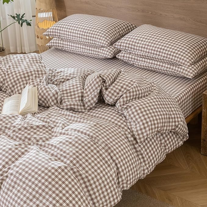MooMee Bedding Pillowcases Pack of 4 100% Washed Cotton Linen Like Textured Breathable Durable Soft Comfy (Brown Gingham, Queen)