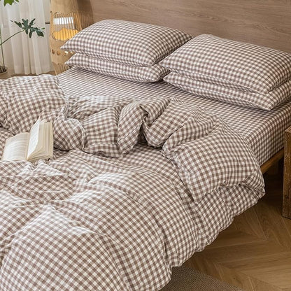 MooMee Bedding Pillowcases Pack of 4 100% Washed Cotton Linen Like Textured Breathable Durable Soft Comfy (Brown Gingham, Queen)