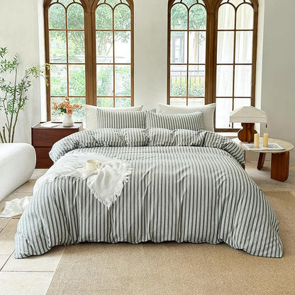 Striped Duvet Cover Set 100% Washed Cotton Linen Like Soft Feelling Breathable Bedding(Olive Green/White Strip,King)