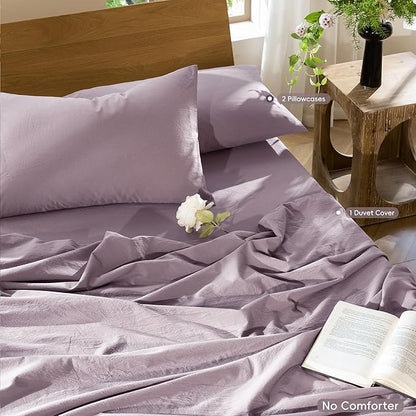 MooMee Bedding Duvet Cover Set 100% Washed Cotton Linen Like Textured Breathable Durable Soft Comfy (Solid Taro Purple, Queen 90"x90")