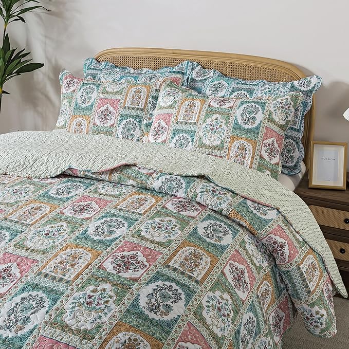 HoneiLife Quilt Sets King Size - 3 Pieces Microfiber Quilt Floral Bedspreads Lightweight Coverlets Retro Bed Cover King Quilt Bedding Set All Season Quilts