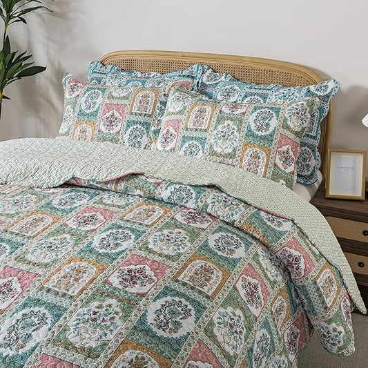 HoneiLife Quilt Sets King Size - 3 Pieces Microfiber Quilt Floral Bedspreads Lightweight Coverlets Retro Bed Cover King Quilt Bedding Set All Season Quilts
