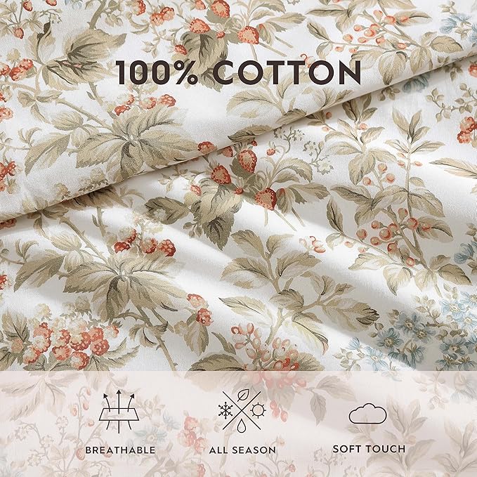 Laura Ashley - Twin Comforter Set, Reversible Cotton Bedding with Matching Sham, Floral Home Decor with Plaid Reverse (Bramble Floral Beige, Twin)