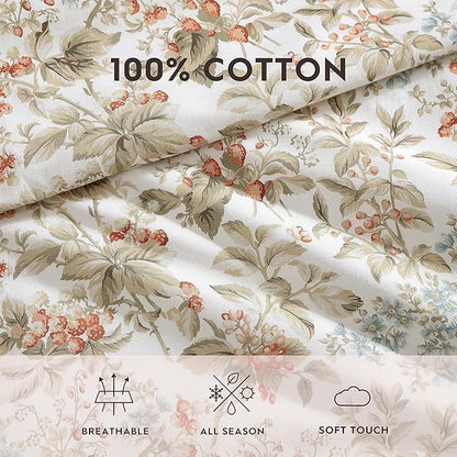 Laura Ashley - Twin Comforter Set, Reversible Cotton Bedding with Matching Sham, Floral Home Decor with Plaid Reverse (Bramble Floral Beige, Twin)