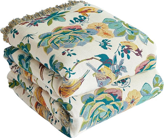 Boho Throw Blanket for Bed 90”x98”, 100% Cotton Woven Blanket for Couch Sofa, Ultra Soft 4-Layer Muslin Quilt with Floral Printed, Farmhouse Bed Blanket/Cover for Living Room Decor