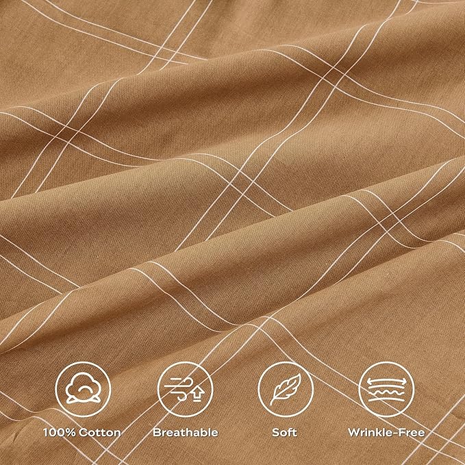 JELLYMONI 100% Natural Cotton King Duvet Cover Set, 3pcs Plaid Duvet Cover Sets with Zipper Closure, Grid Geometric Pattern Comforter Cover, Rust