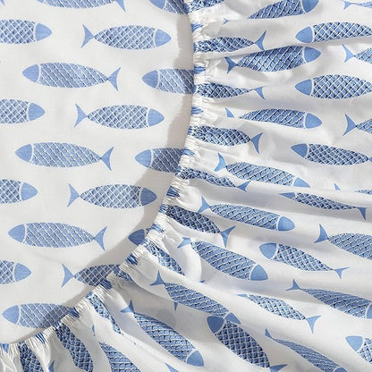 Nautica - Full Size Sheet Set, Crisp & Cool Cotton Percale Bedding with a Lightweight & Breathable Feel, Bed Sheets with Fitted Sheet & Matching Pillowcases (Woodblock Fish Blue)