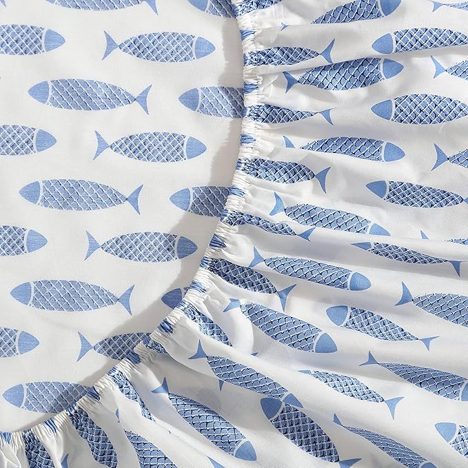 Nautica - Queen Sheets, Cotton Percale Bedding Set, Crisp & Cool, Coastal Home Decor (Woodblock Fish Blue, Queen)
