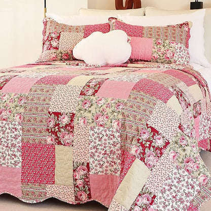 Summer Floral King Quilted Bedspread,Romantic Pink Quilt Set,Reversible Stitched Bedding Cover All Season,Soft Lightweight Coverlet with Pillow Cases (Hot Pink&Rose, King102 x90)