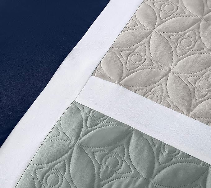 Chezmoi Collection Upland 7-Piece Quilted Patchwork Comforter Set, Navy/Blue/Gray, King