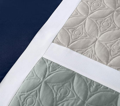 Chezmoi Collection Upland 7-Piece Quilted Patchwork Comforter Set, Navy/Blue/Gray, King