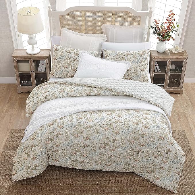 Laura Ashley - Twin Comforter Set, Reversible Cotton Bedding with Matching Sham, Floral Home Decor with Plaid Reverse (Bramble Floral Beige, Twin)